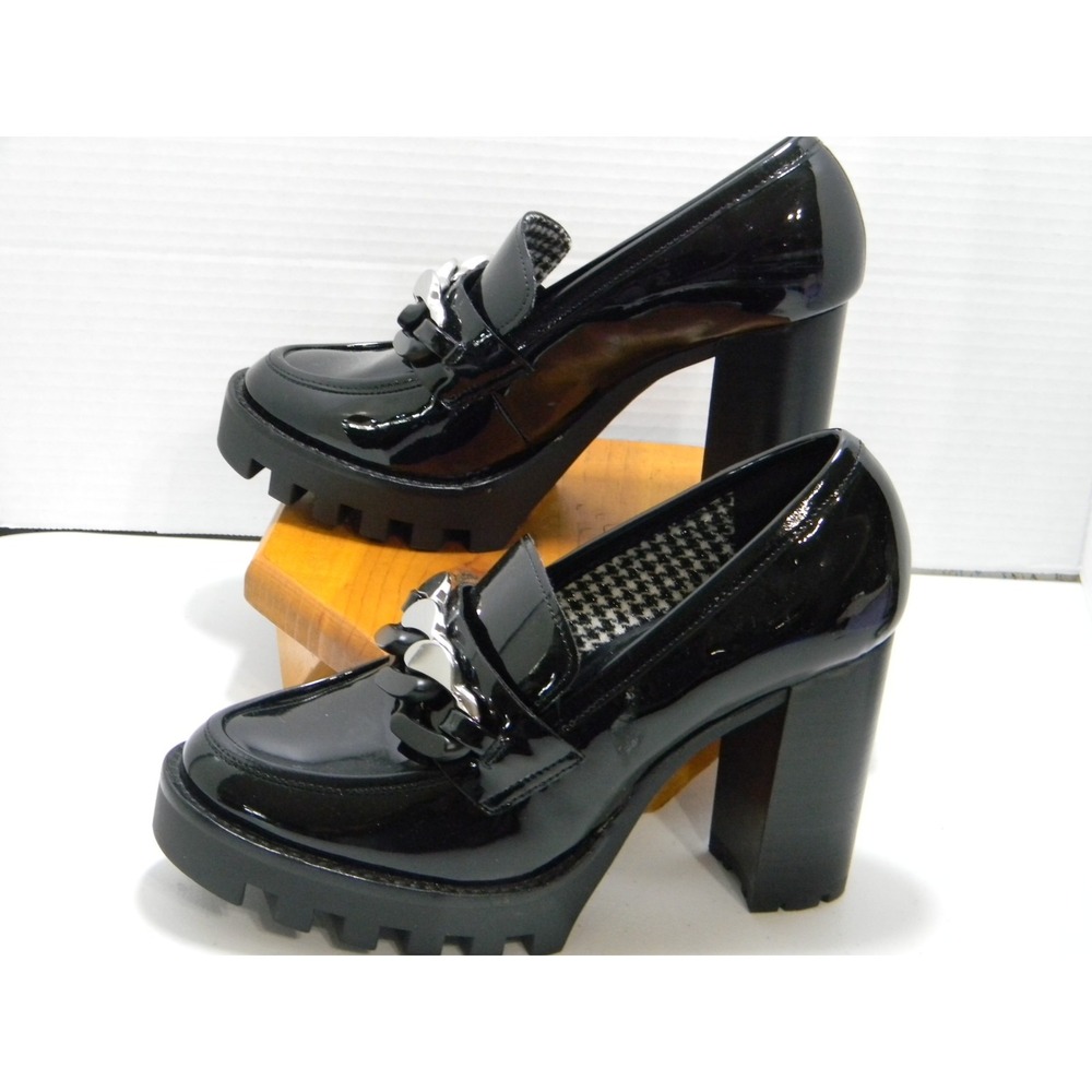 Antonio Melani Black Patent Chain Loafers Platform Block Heel Pumps Women's 8M